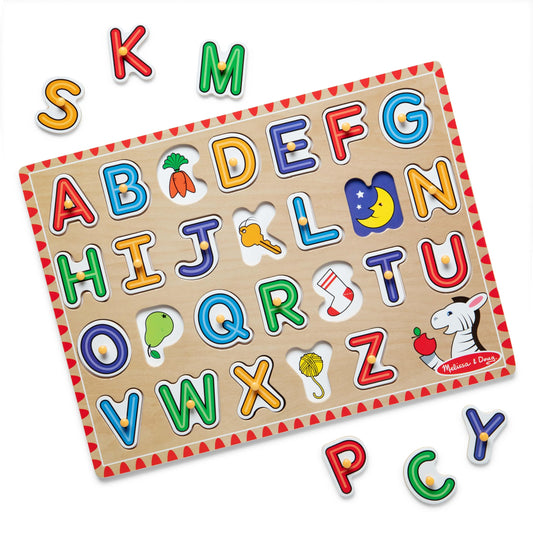 Melissa & Doug Lift & See Alphabet puzzle front view highlights a sturdy wooden board.