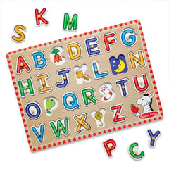 Melissa & Doug Lift & See Alphabet puzzle front view highlights a sturdy wooden board.