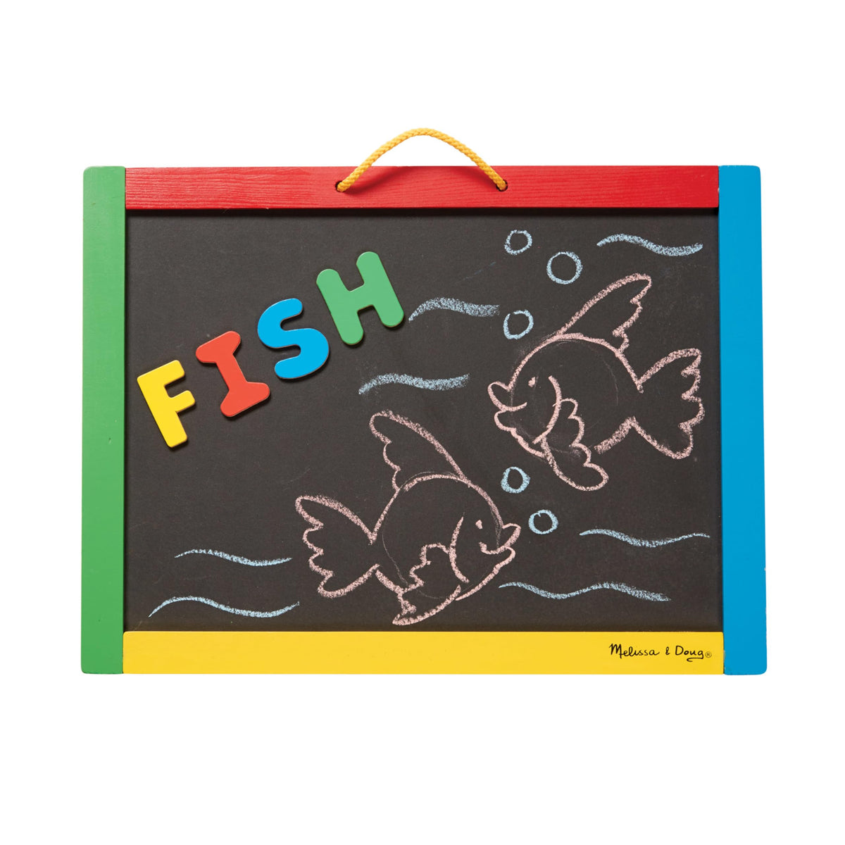 Melissa & Doug magnetic chalkboard with 36 magnets supports early literacy and counting.