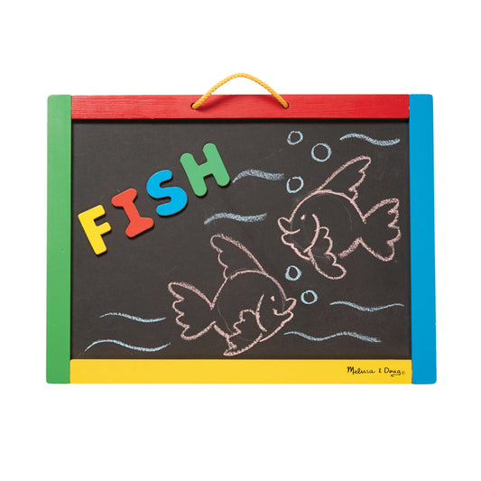 Melissa & Doug magnetic chalkboard with 36 magnets supports early literacy and counting.