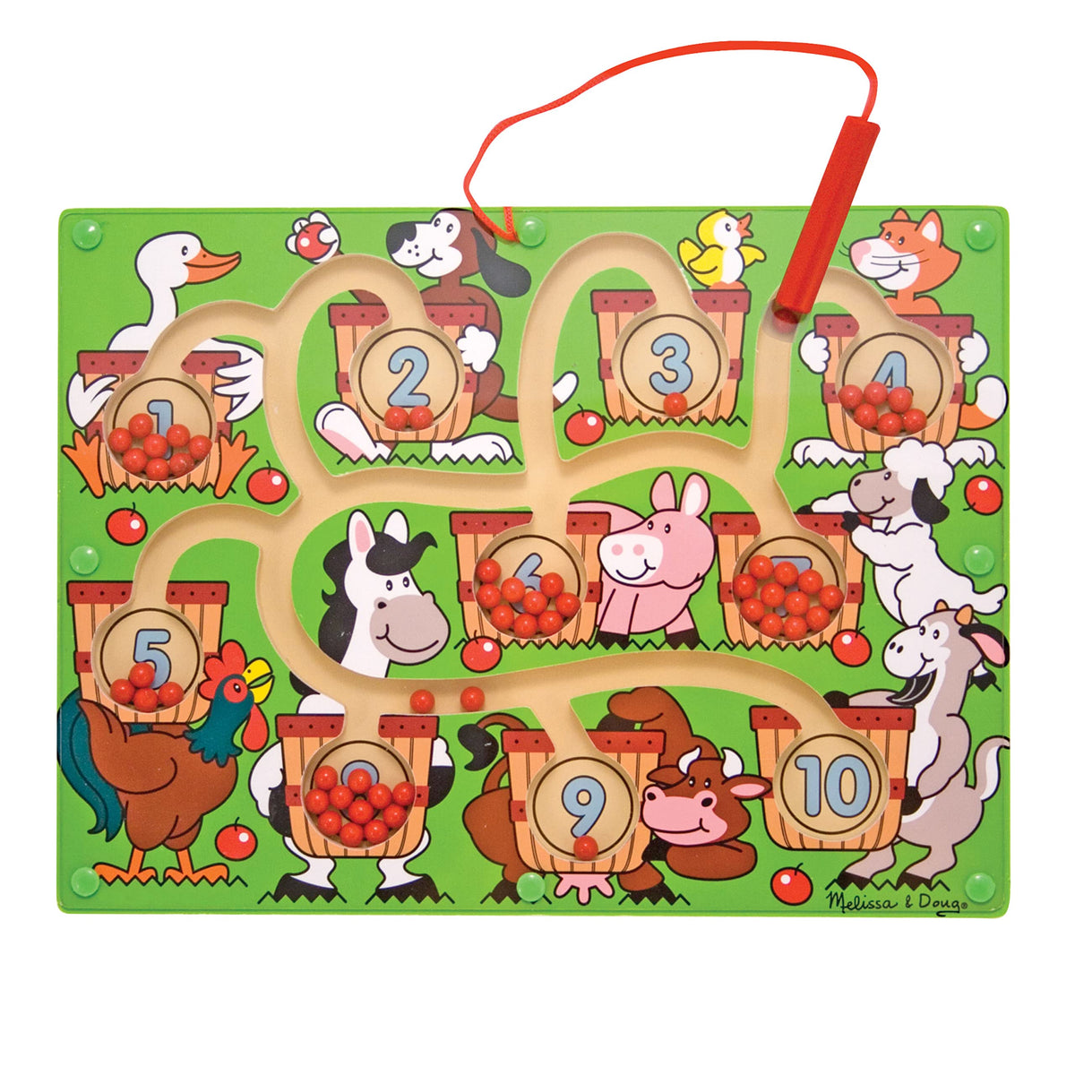 Melissa and Doug Magnetic Wand Number Maze close-up on wooden board and wand for counting.