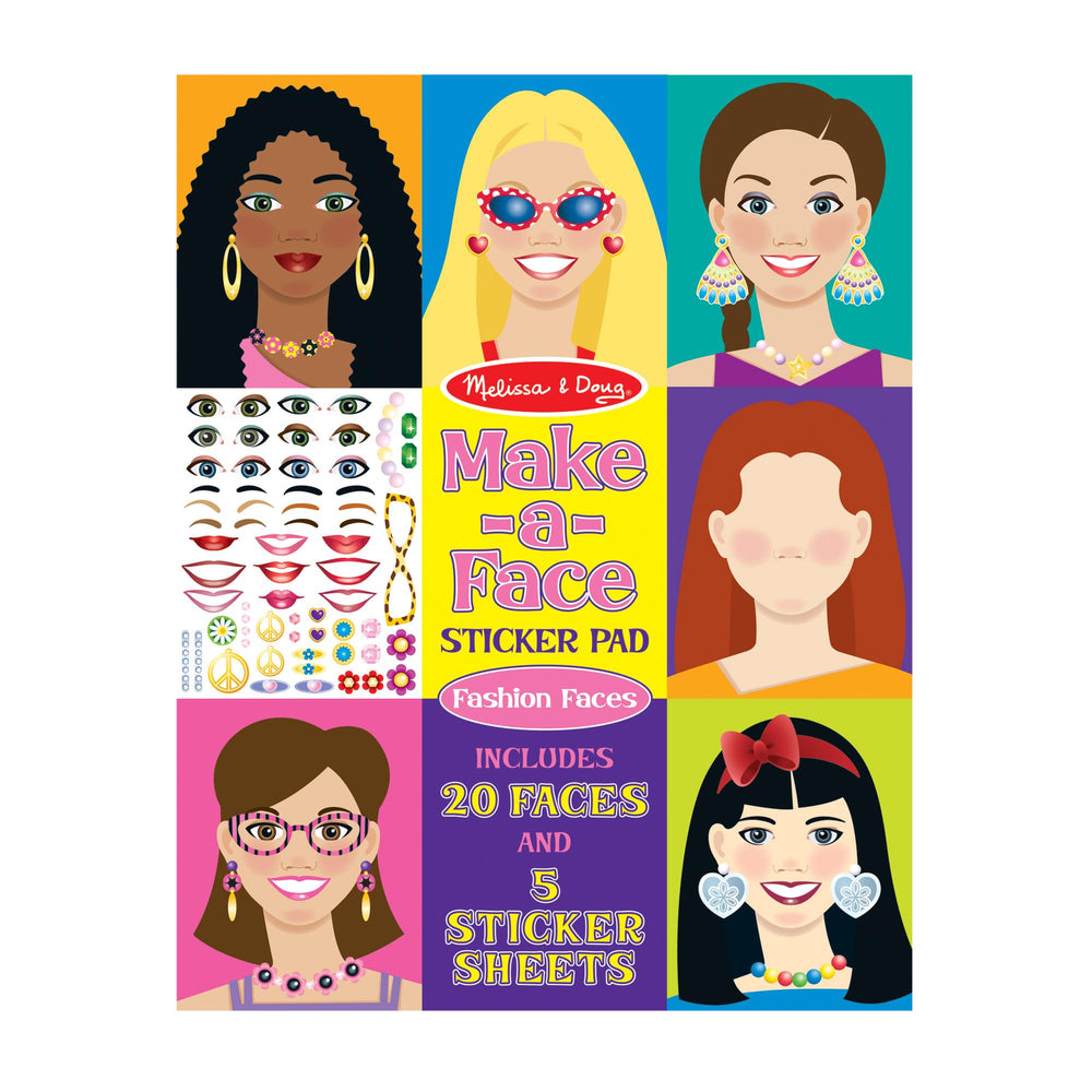 Melissa & Doug Make-a-Face sticker pad shows 20 fashion faces for creative dress-up play