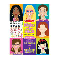 Melissa & Doug Make-a-Face sticker pad shows 20 fashion faces for creative dress-up play