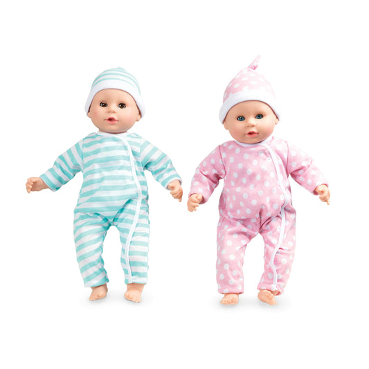 Melissa & Doug Luke & Lucy dolls in rompers for imaginative twin play.