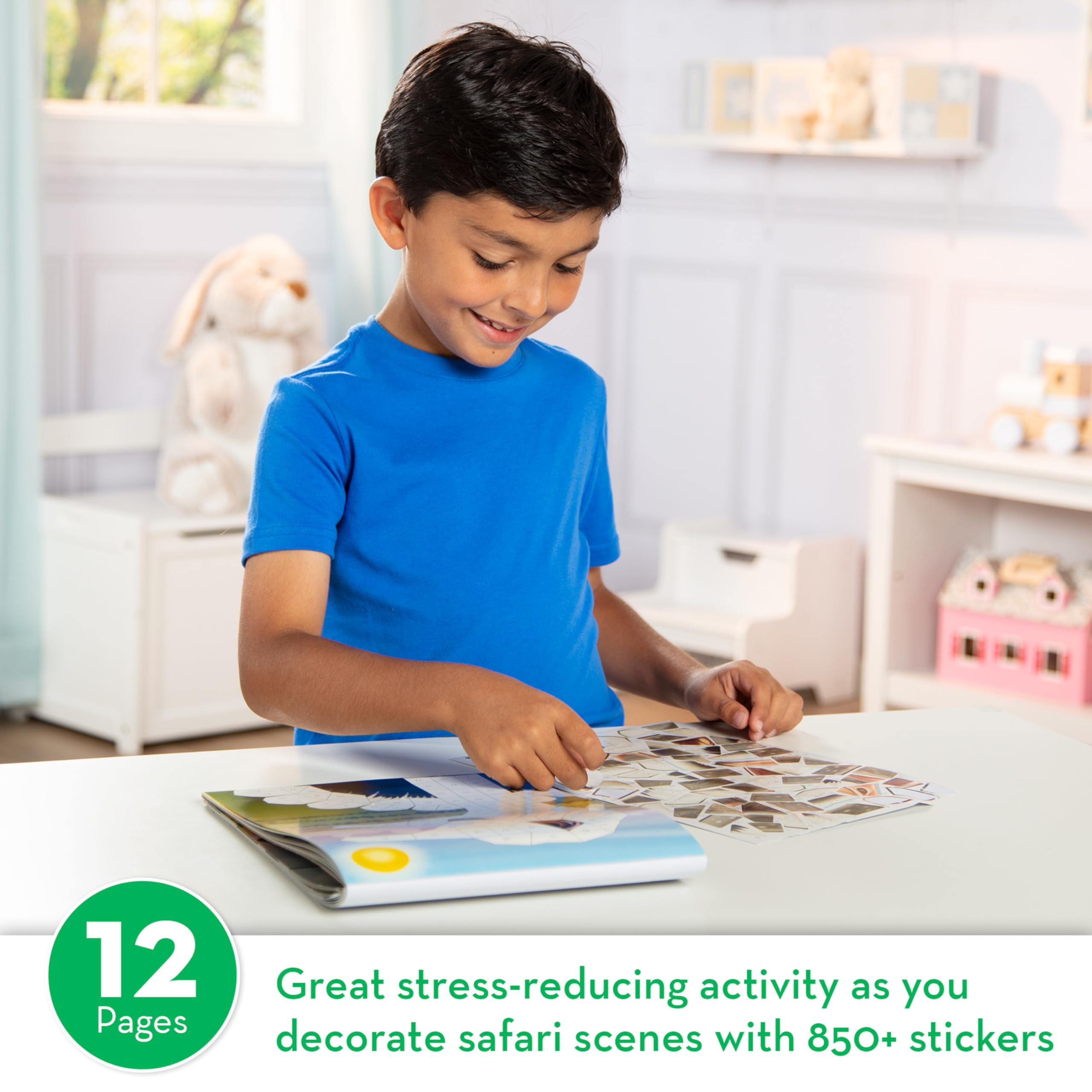 Melissa & Doug Safari Zebra Scene shows a bright mosaic page for sticker matching