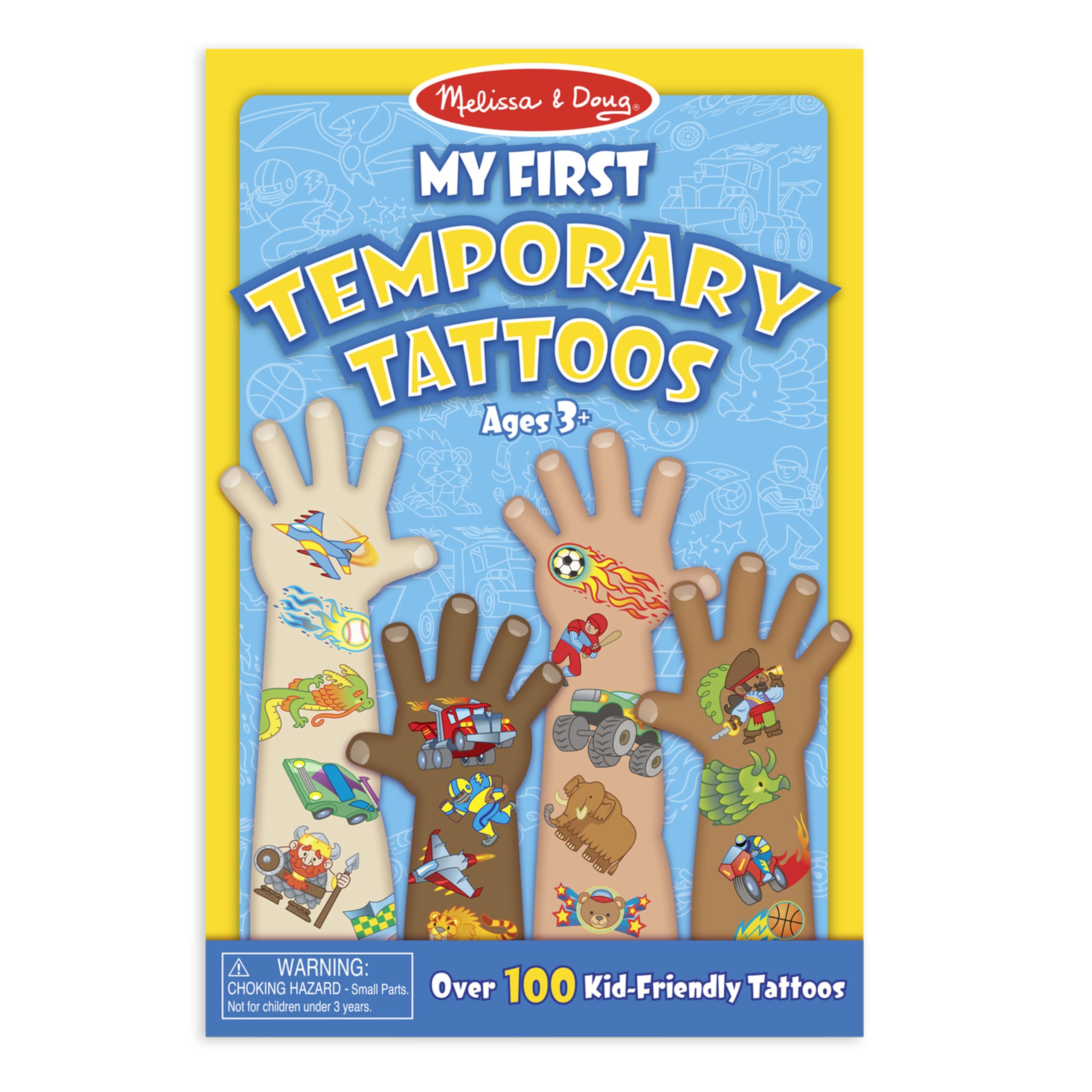 Melissa and Doug My First Temporary Tattoos blue set showcases bright designs for imaginative play