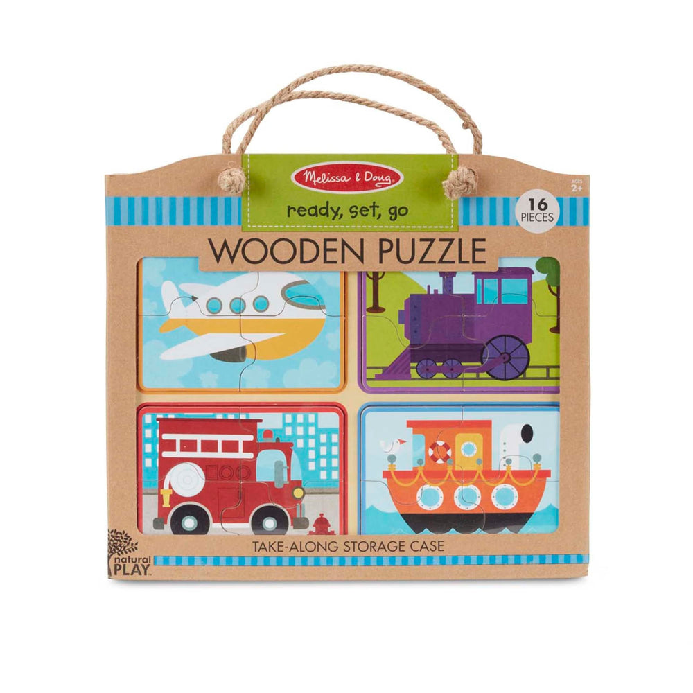 Melissa & Doug Ready Set Go pieces fit snugly on the wooden board.