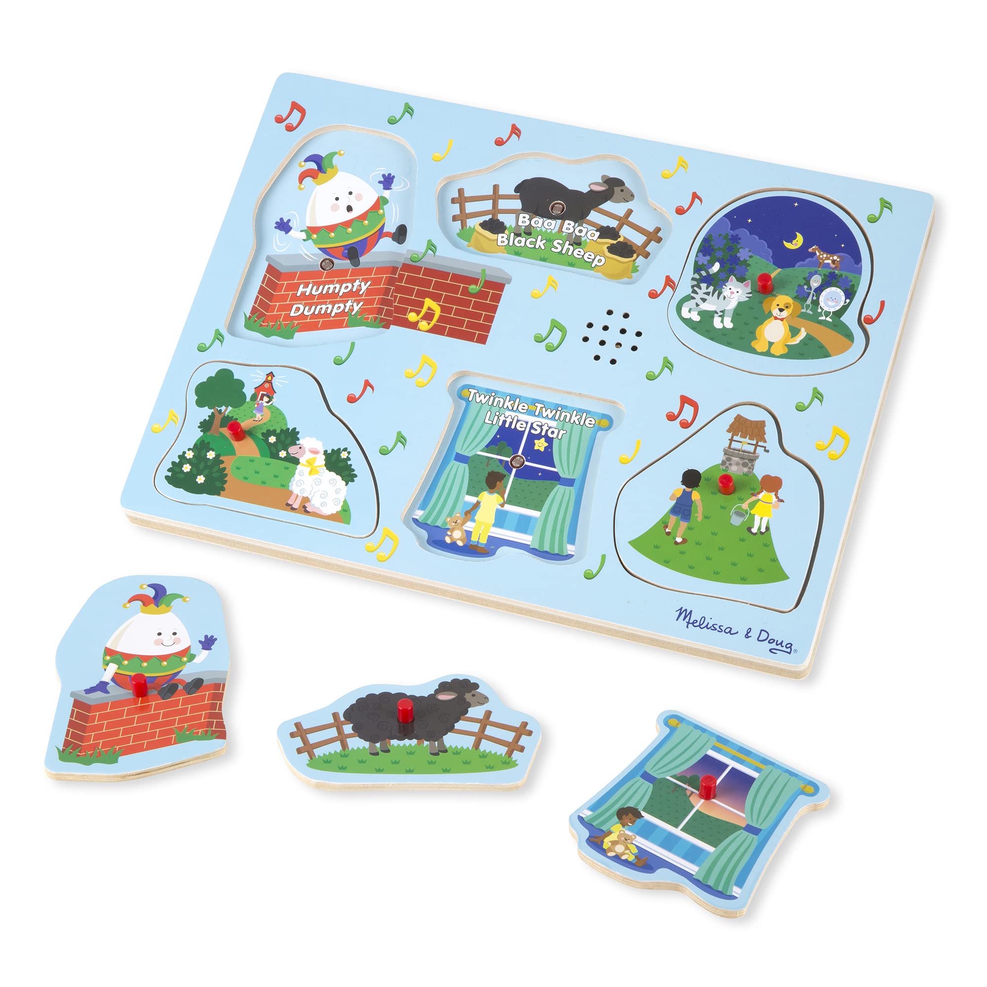 Melissa & Doug Nursery Rhymes 2 sound puzzle board helps develop hand-eye coordination through interactive play.