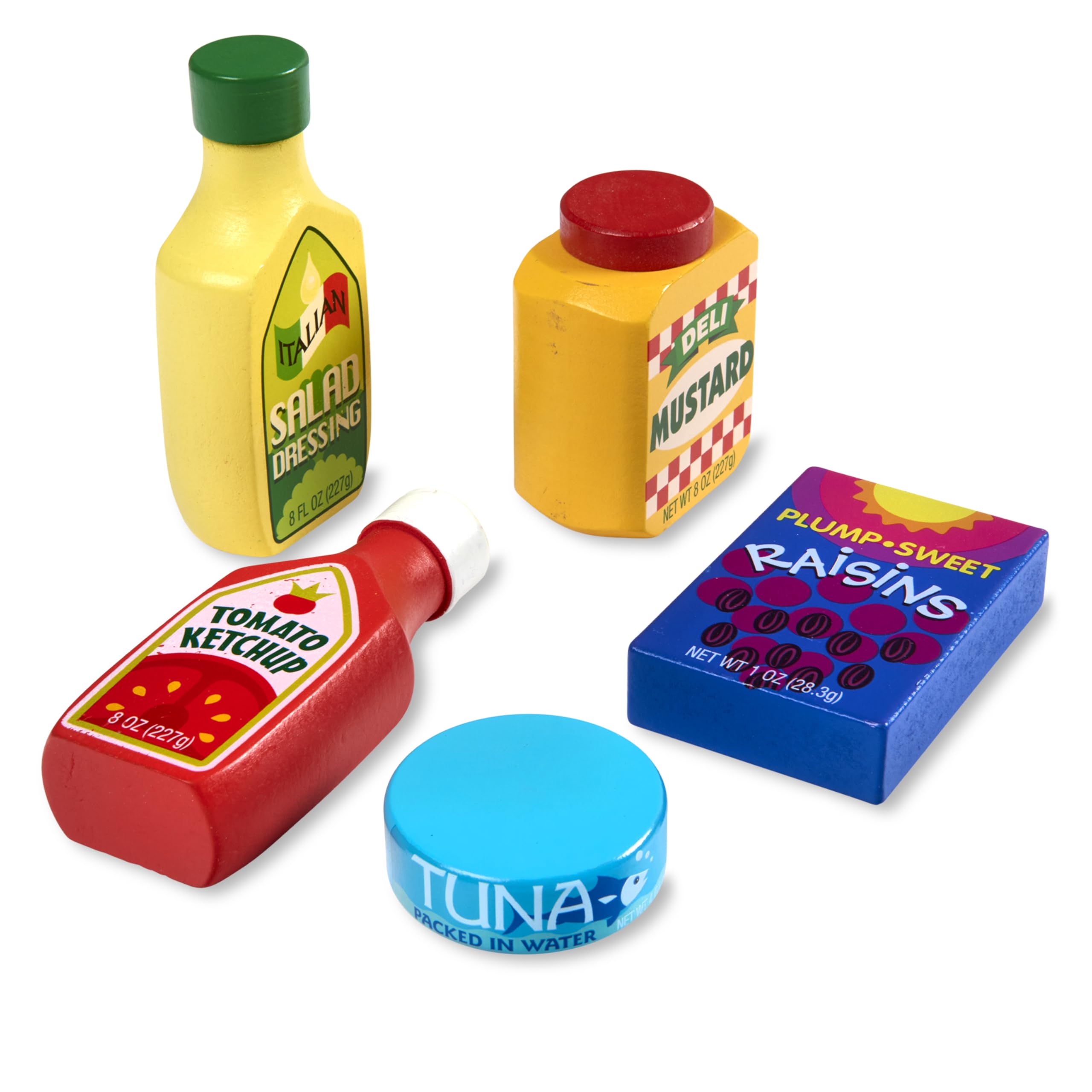 Melissa & Doug wooden salad dressing play food for flavorful pretend meals.