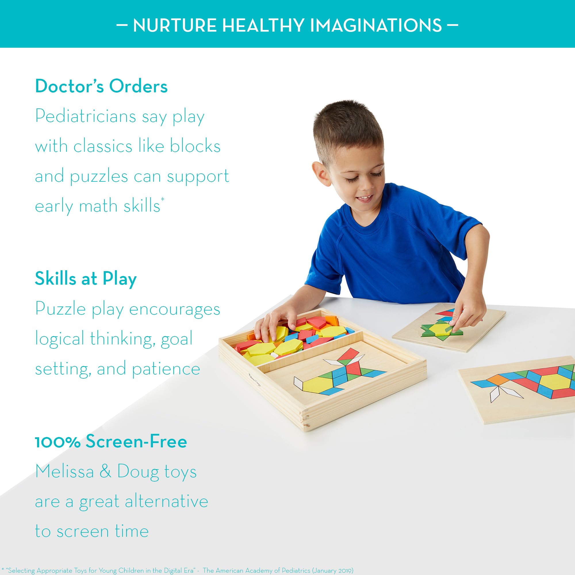 Melissa and Doug pattern blocks tiles support hand-eye coordination during play.