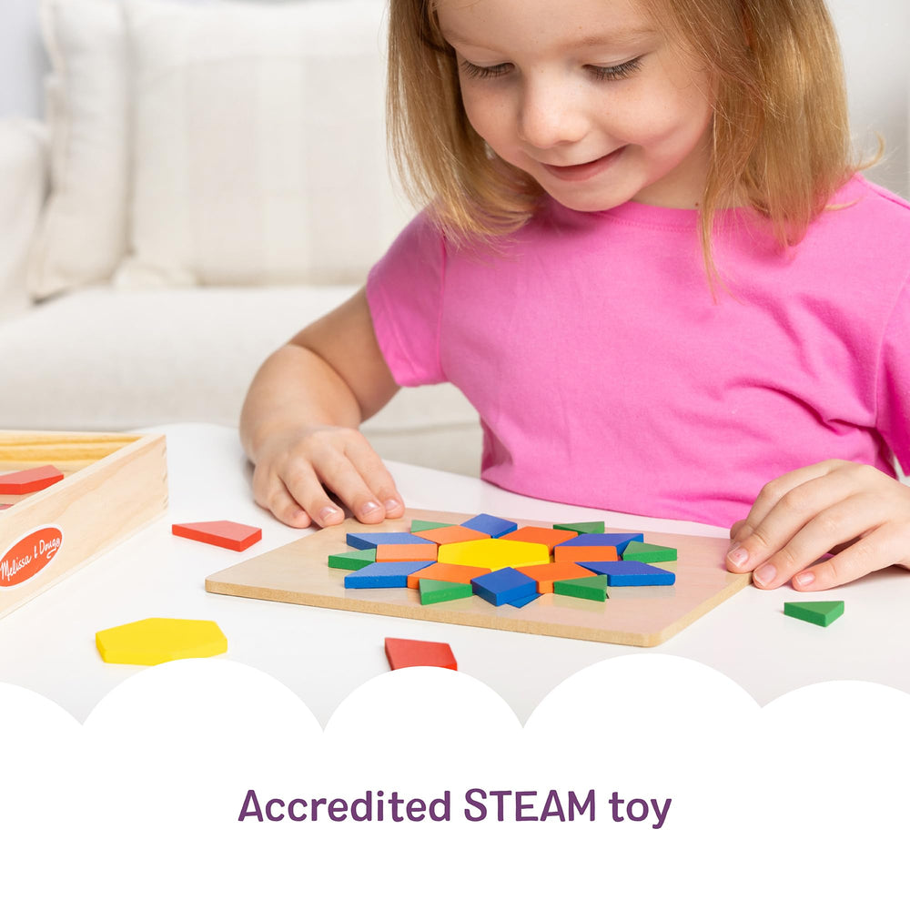 Melissa and Doug pattern blocks tiles help develop spatial relations.