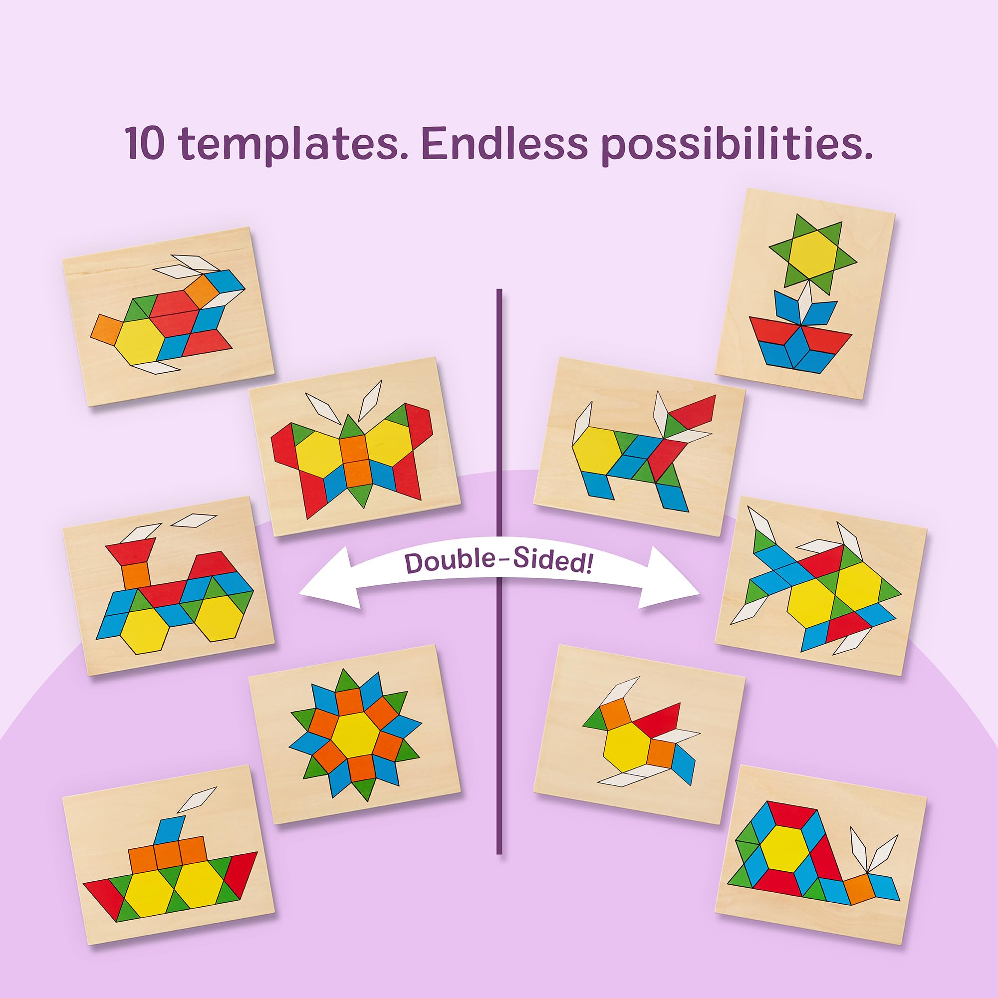 Melissa and Doug pattern blocks tiles stored neatly in a wooden case.