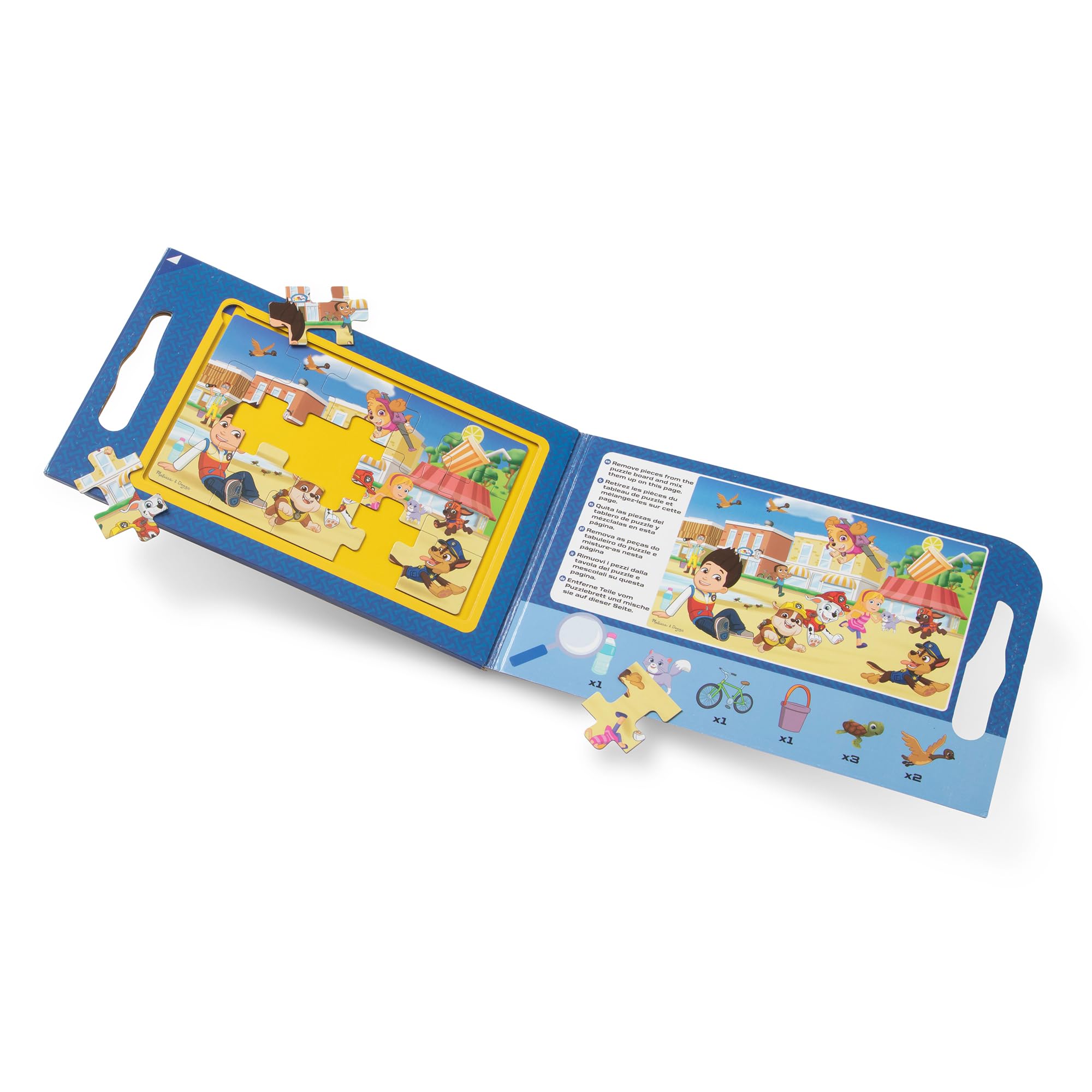 Fold-out case with handle keeps puzzles organized and travel-ready.
