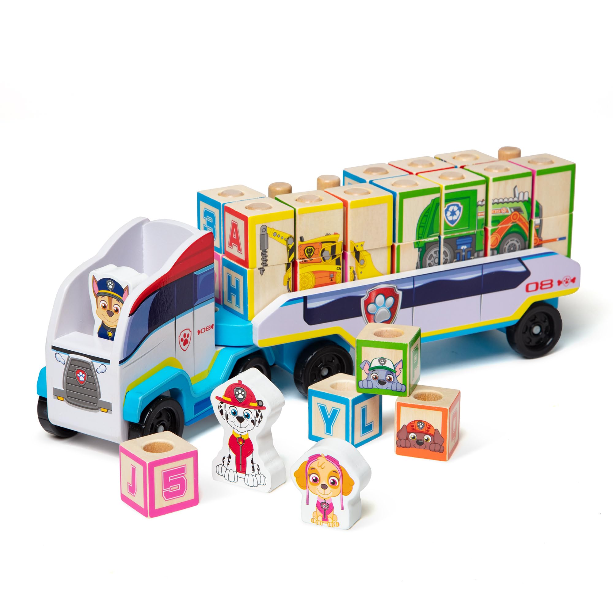 Melissa and Doug Paw Patrol wooden ABC block truck front view supports imaginative play.