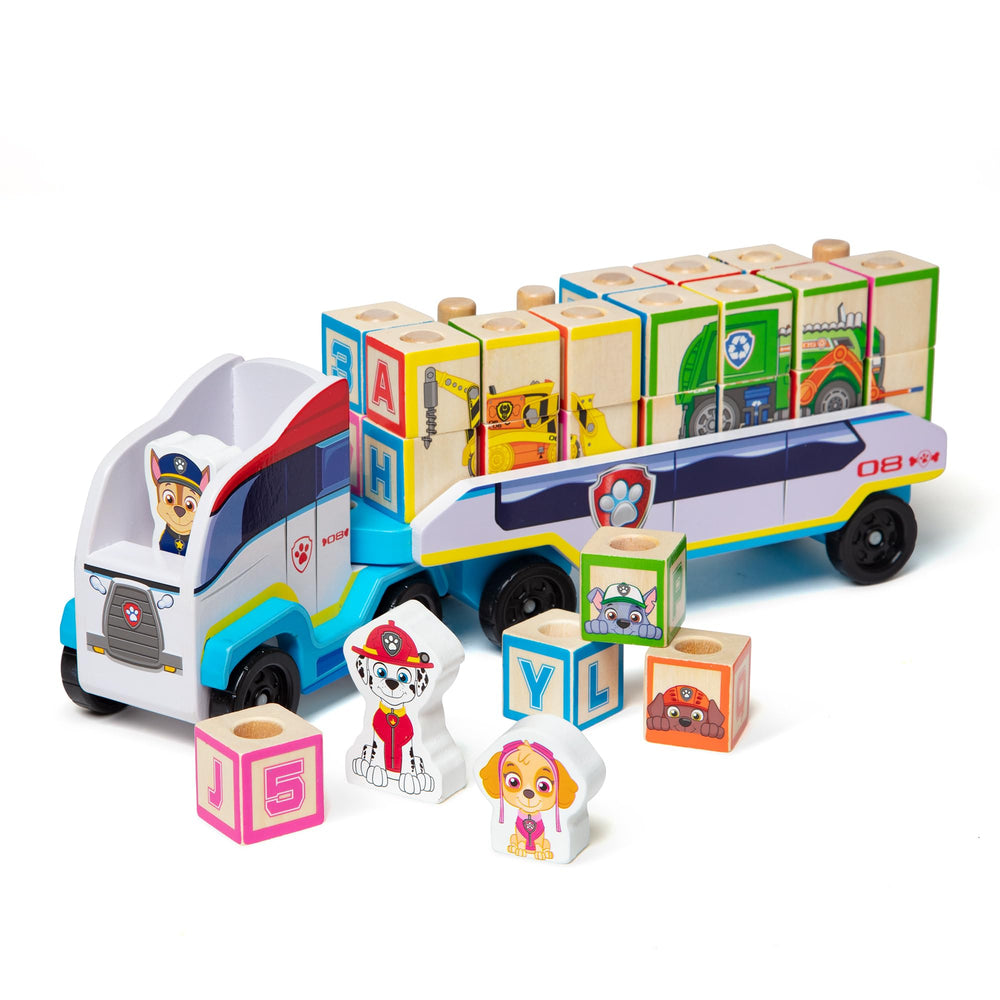 Melissa and Doug Paw Patrol wooden ABC block truck front view supports imaginative play.
