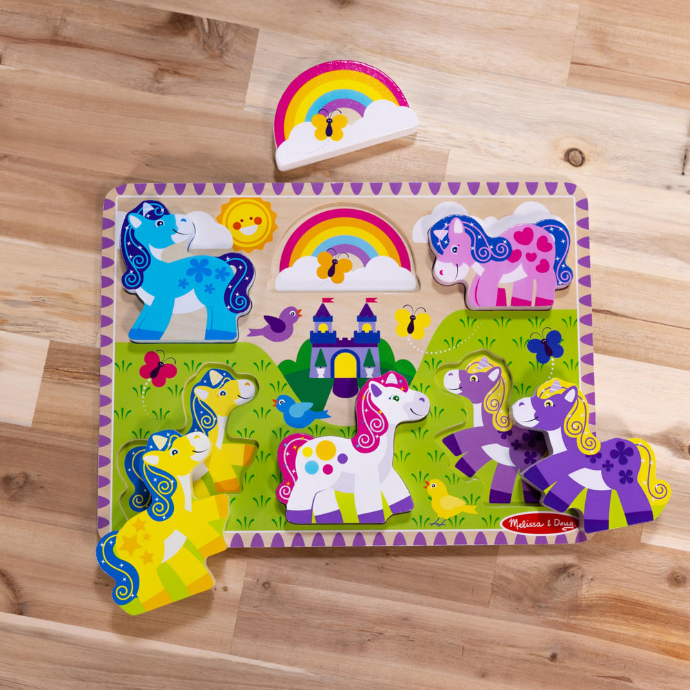 Melissa & Doug puzzle pictures-under-pieces help quick solving and recognition.