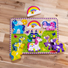 Melissa & Doug puzzle pictures-under-pieces help quick solving and recognition.