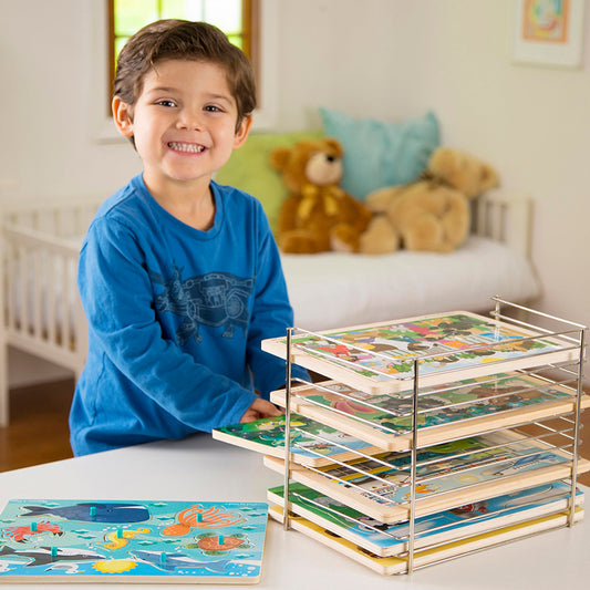 Melissa & Doug puzzle storage rack front view for easy puzzle access