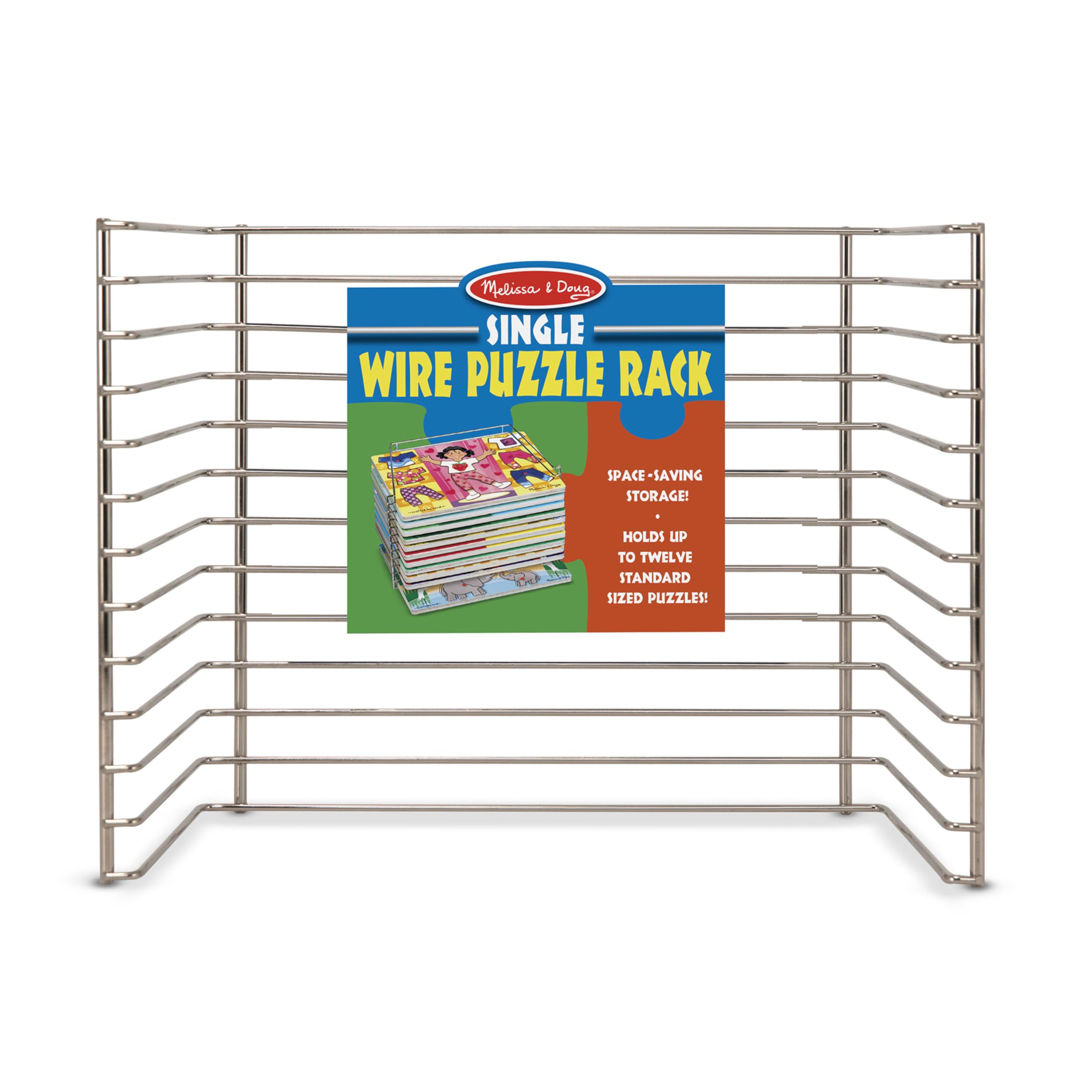 Melissa & Doug puzzle storage rack in a bright kids playroom