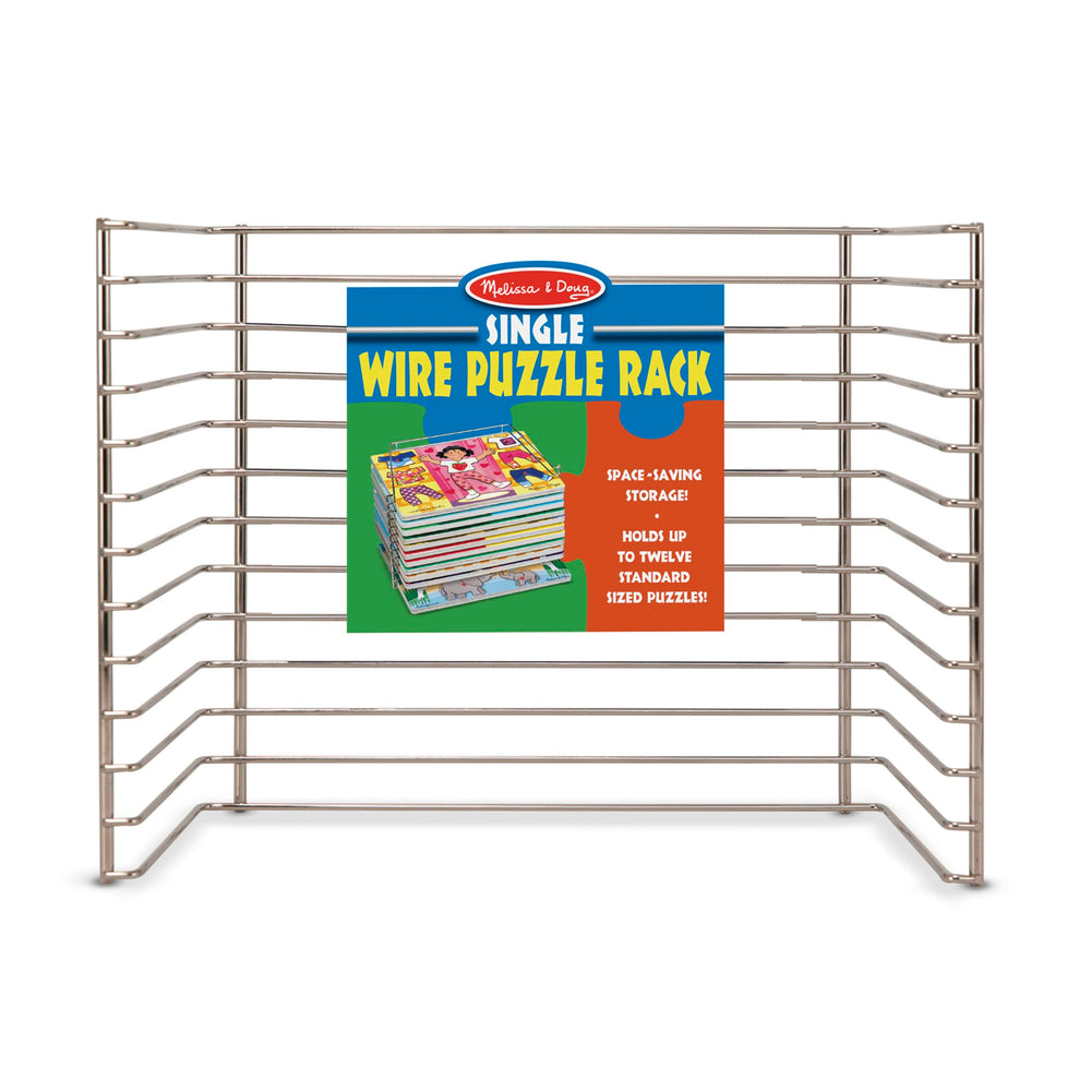 Melissa & Doug puzzle storage rack in a bright kids playroom