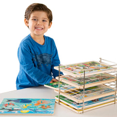 Melissa & Doug puzzle storage rack slots close-up highlighting sturdy metal construction