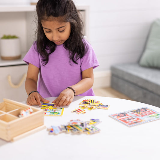 Melissa & Doug race car puzzle with bright artwork inspires imaginative play.