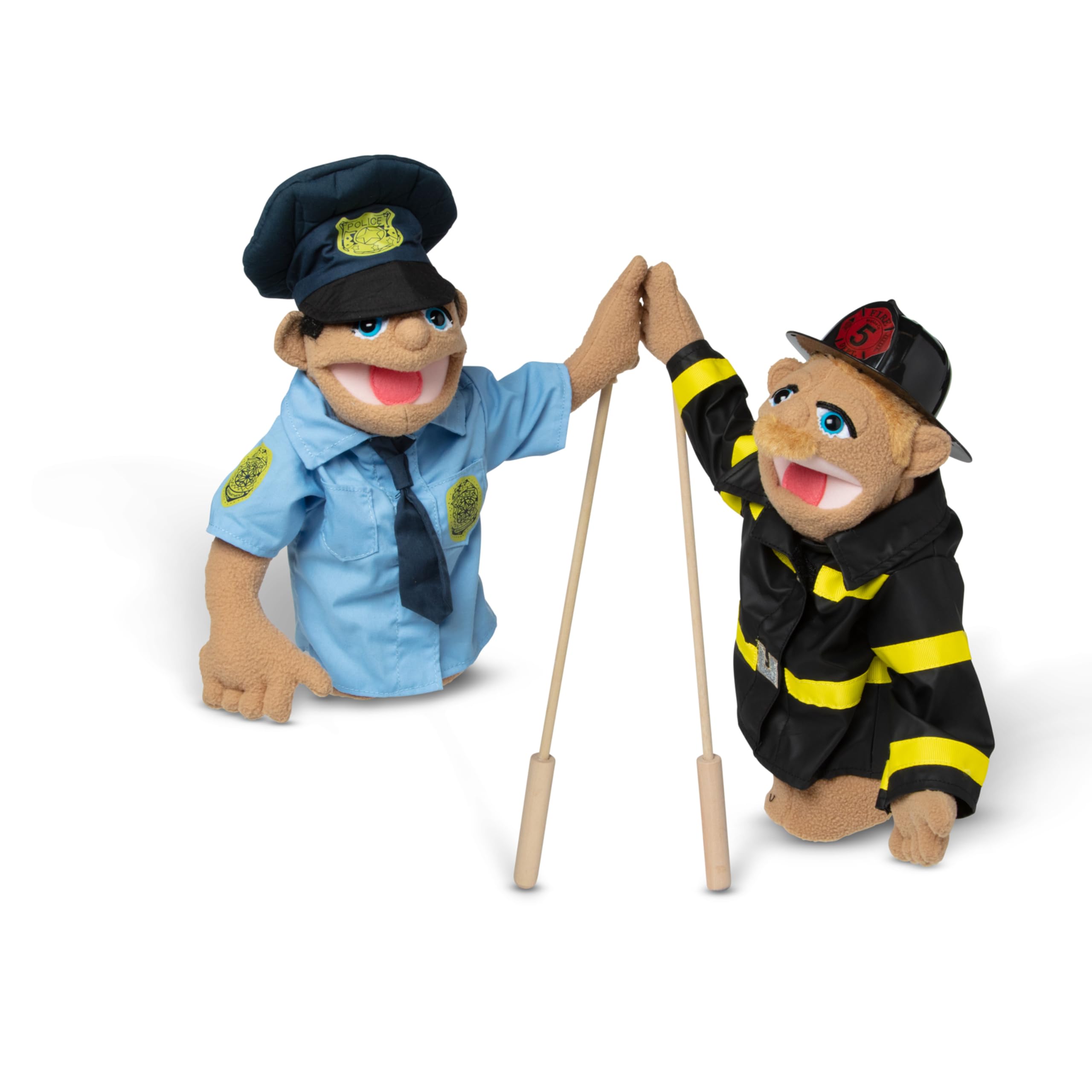 Melissa & Doug Rescue Puppet Set promotes hand-eye coordination through puppetry.