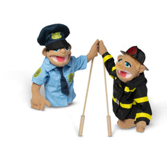 Melissa & Doug Rescue Puppet Set promotes hand-eye coordination through puppetry.