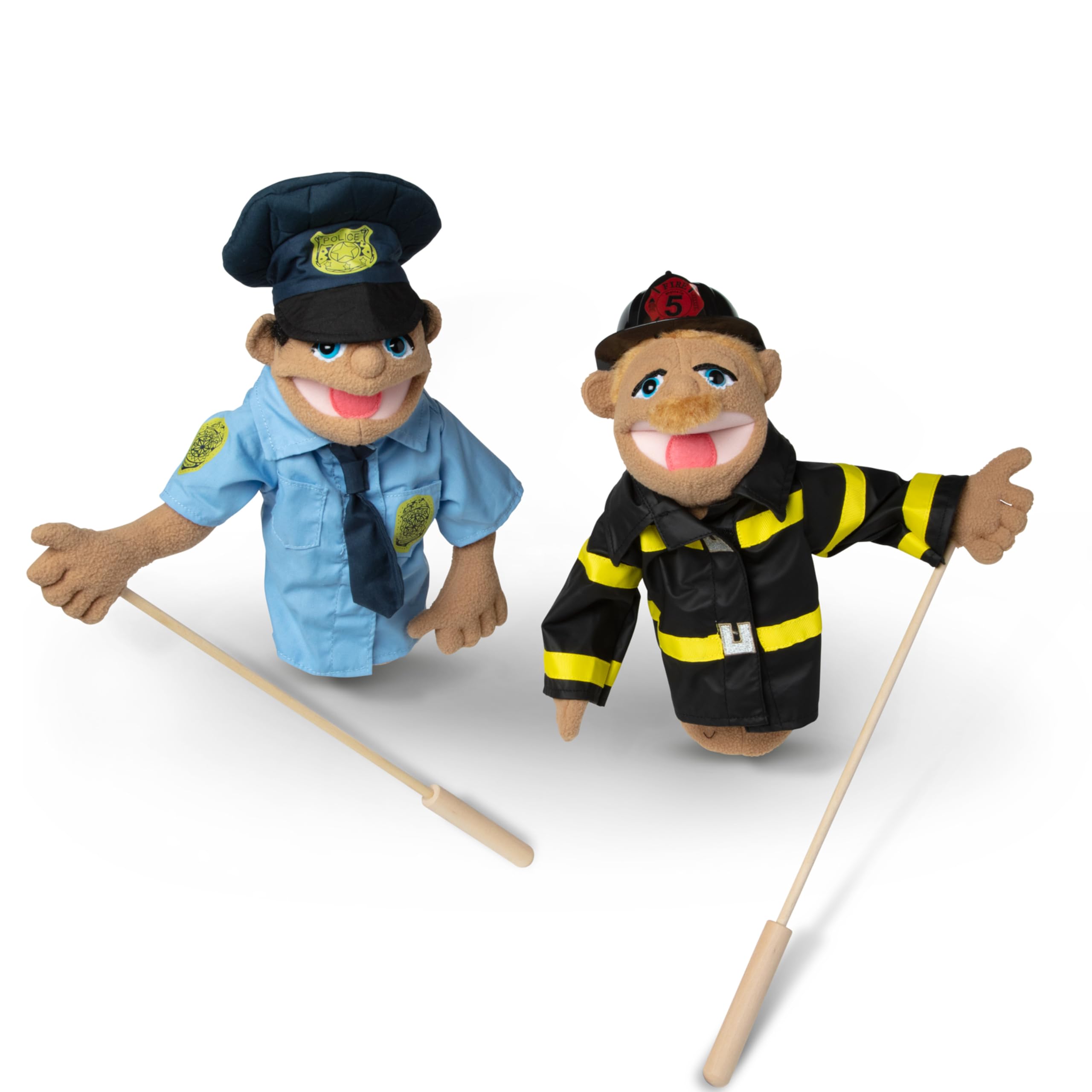Melissa & Doug Rescue Puppet Set detachable wooden rod supports easy gestures.
