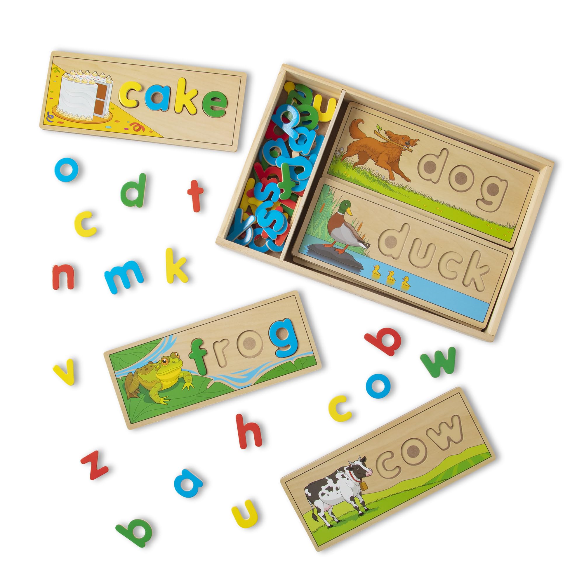 Melissa & Doug See & Spell boards showcase colorful letters for word-building practice.