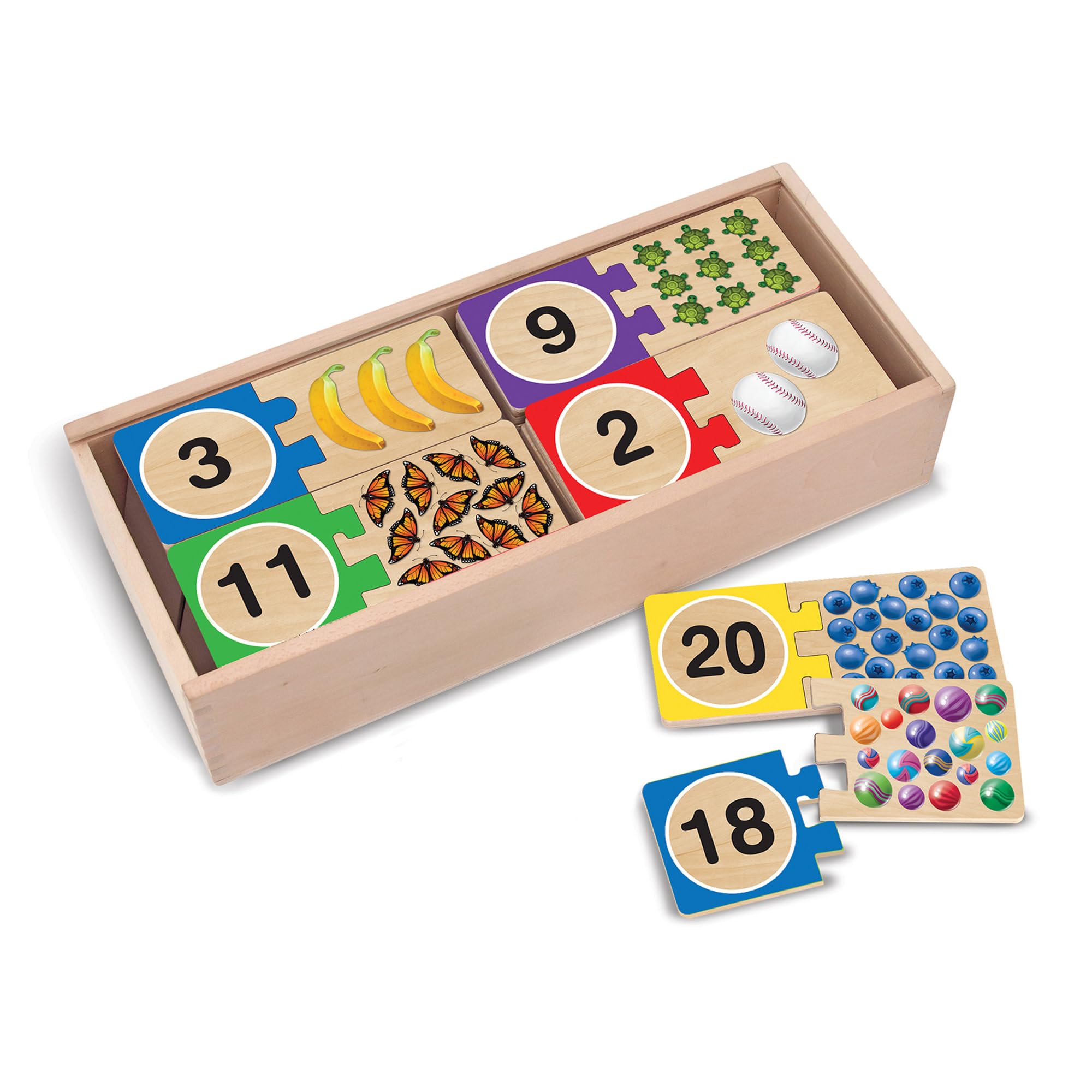 Melissa & Doug self-correcting wooden number puzzle pieces arranged for numbers 1 to 20 for counting and matching