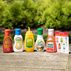 Melissa and Doug condiments set demonstrating interactive bottle tipping