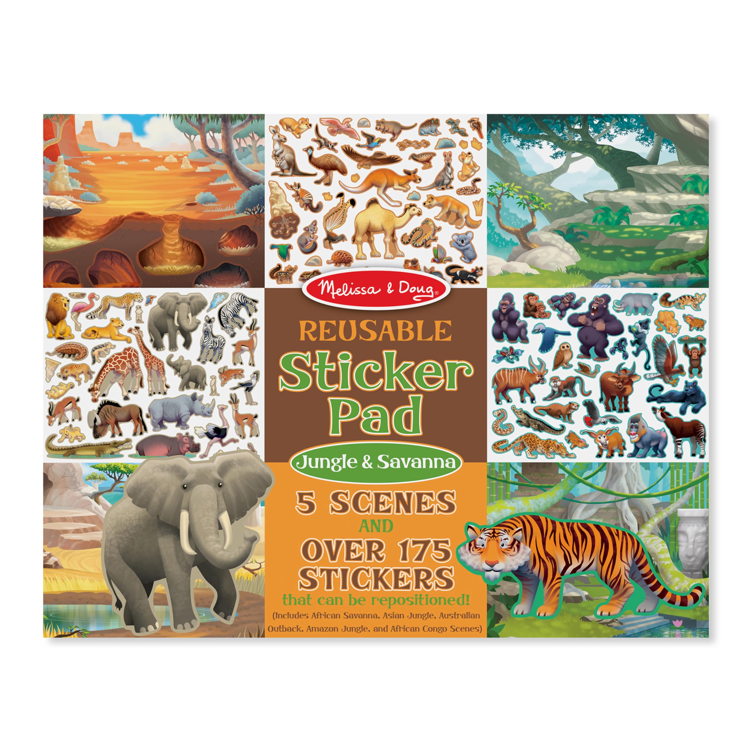 Melissa & Doug sticker pad jungle-safari scene with reusable stickers for imaginative play.