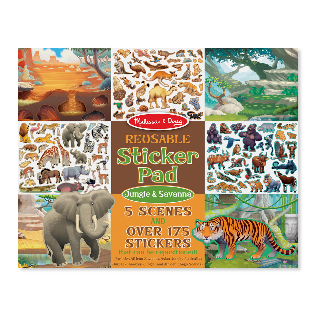 Melissa & Doug sticker pad jungle-safari scene with reusable stickers for imaginative play.