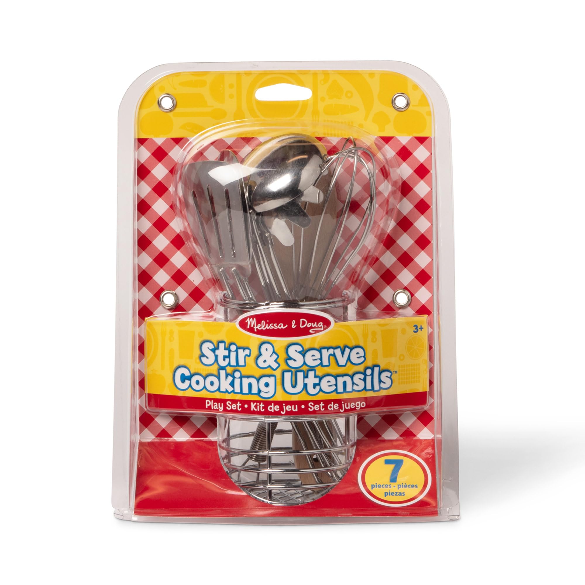 Melissa & Doug Stir & Serve slotted spoon adds fine-motor play to pretend kitchens.