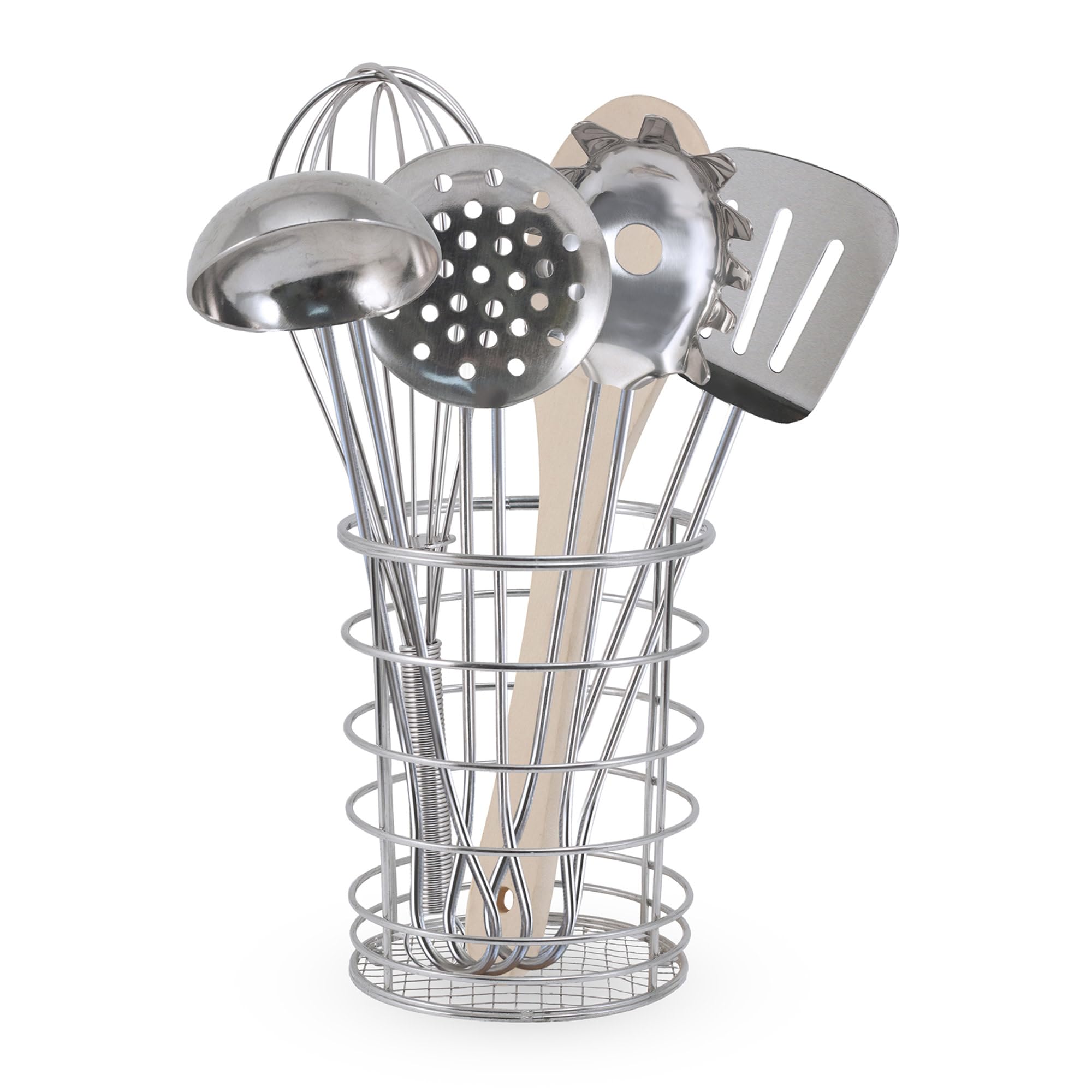 Melissa & Doug Stir & Serve whisk in metal holder for realistic pretend cooking.