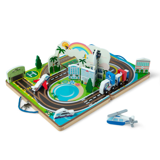 Melissa & Doug take-along airport play set case for easy travel storage and cleanup.