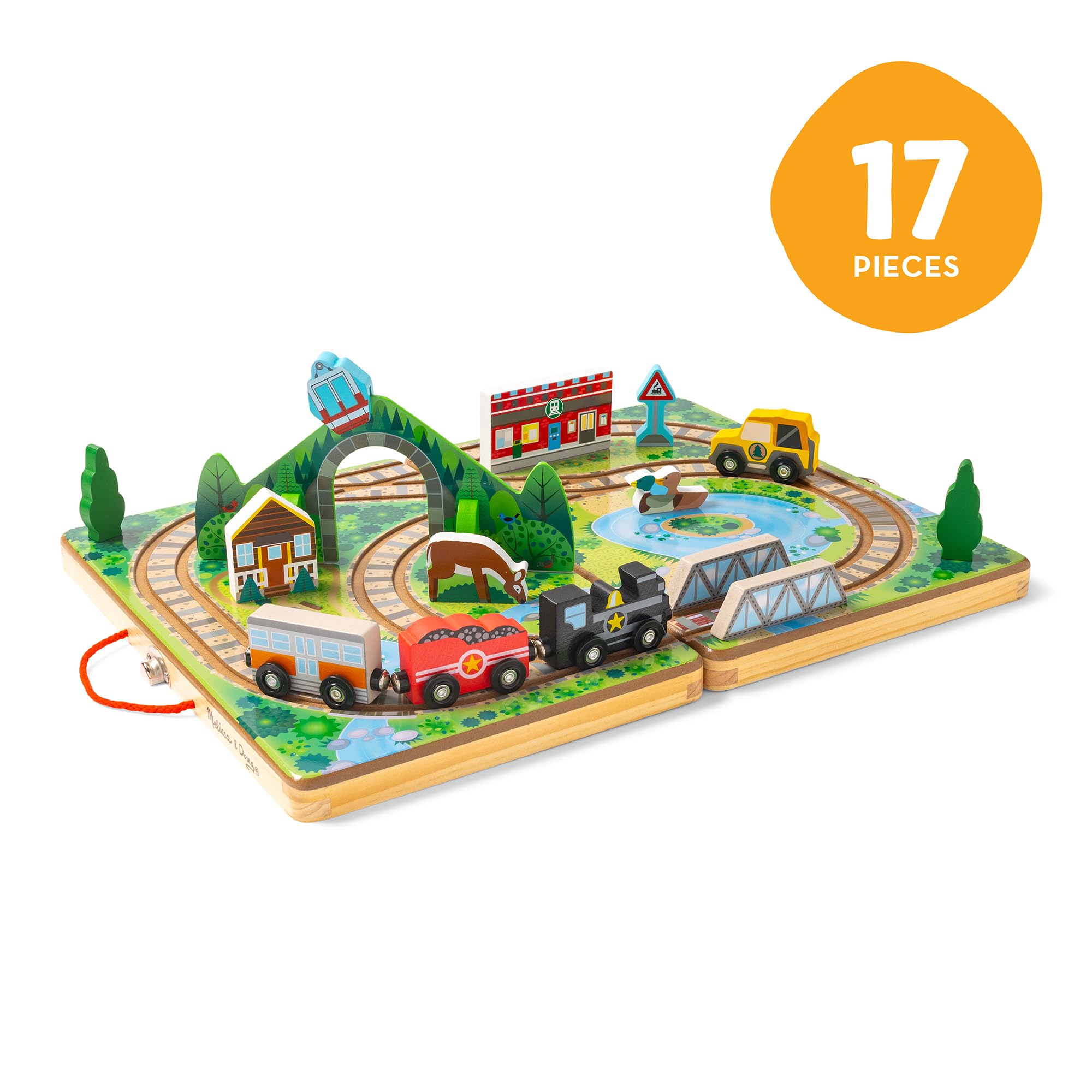 Melissa & Doug Take-Along Railroad folds into travel mode with a built-in handle.