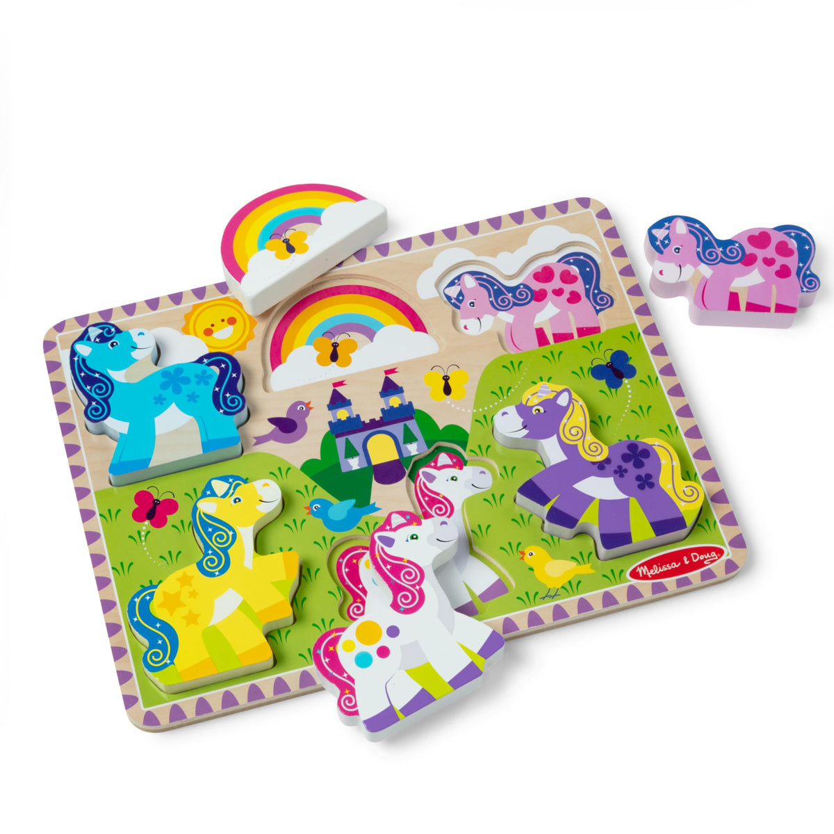 Melissa & Doug unicorn puzzle board with chunky pieces promotes toddler coordination.