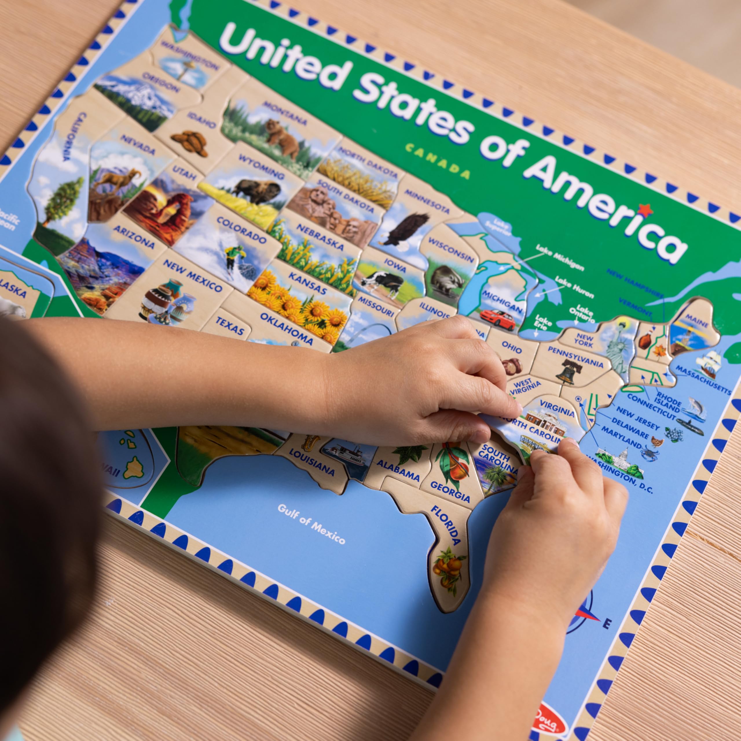 Capitals under each piece on the Melissa & Doug USA Map puzzle to aid recall