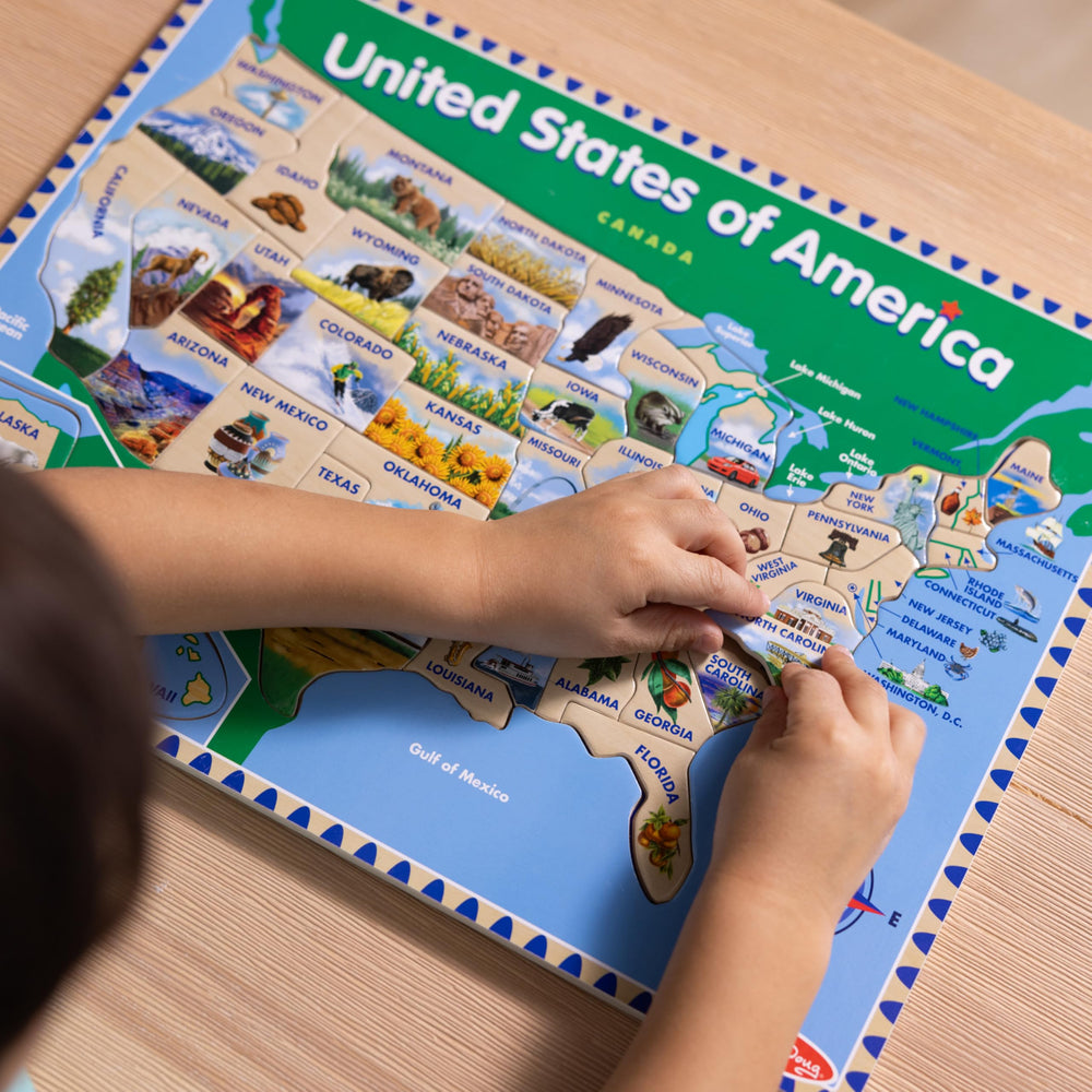 Capitals under each piece on the Melissa & Doug USA Map puzzle to aid recall