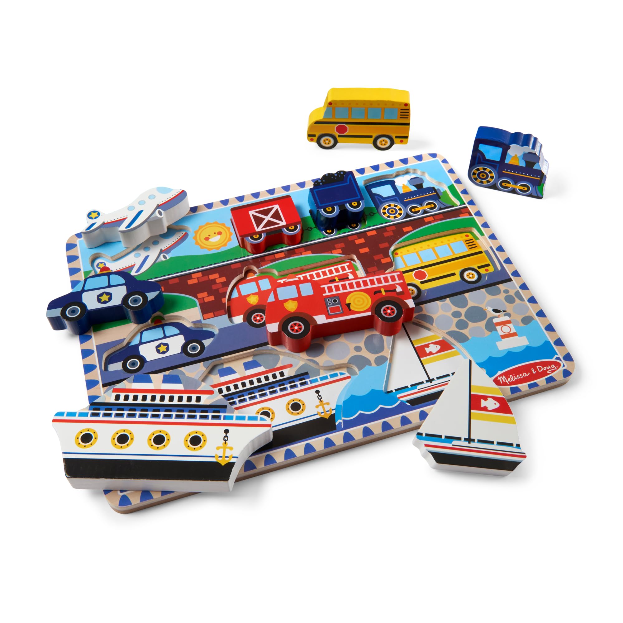 Melissa & Doug vehicles wooden chunky puzzle with nine pieces for early shape recognition