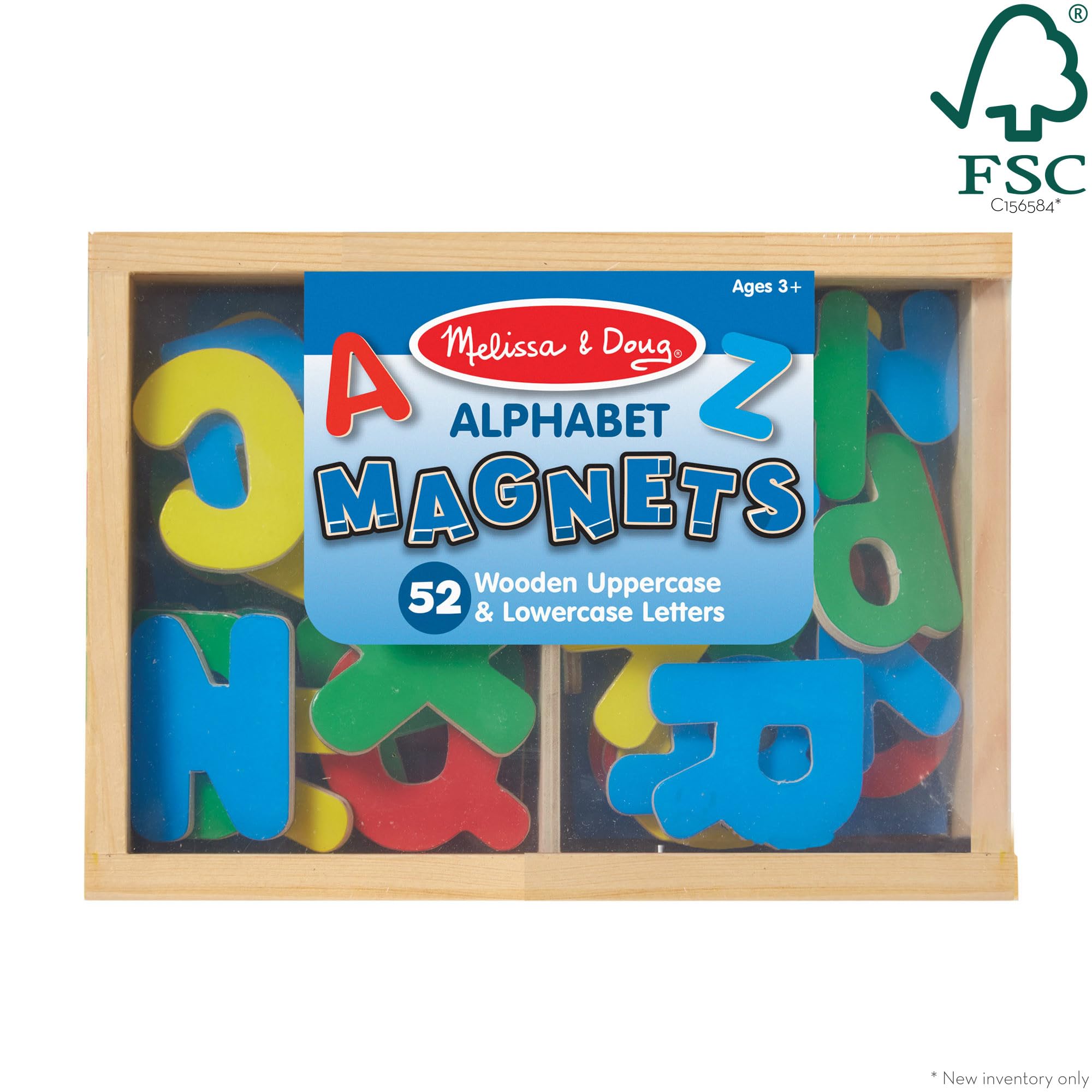 Wooden magnets stored in a sturdy box for tidy, portable learning.