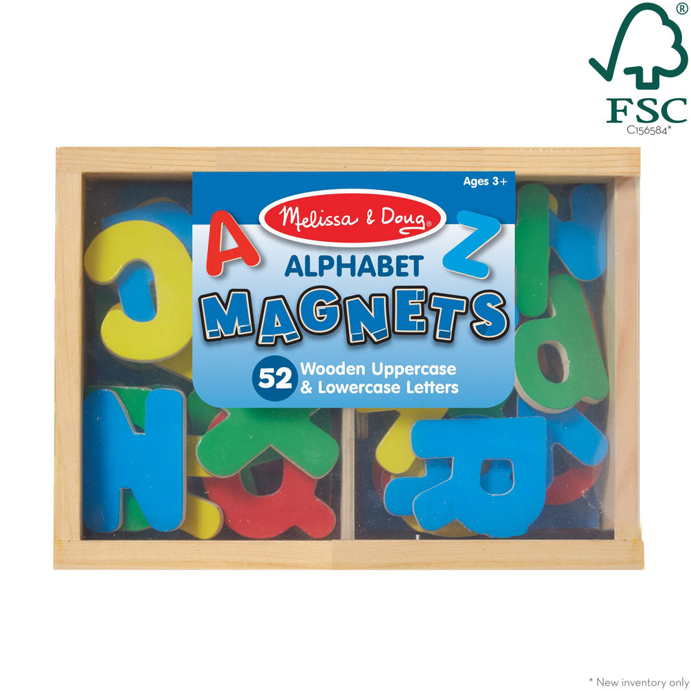 Wooden magnets stored in a sturdy box for tidy, portable learning.