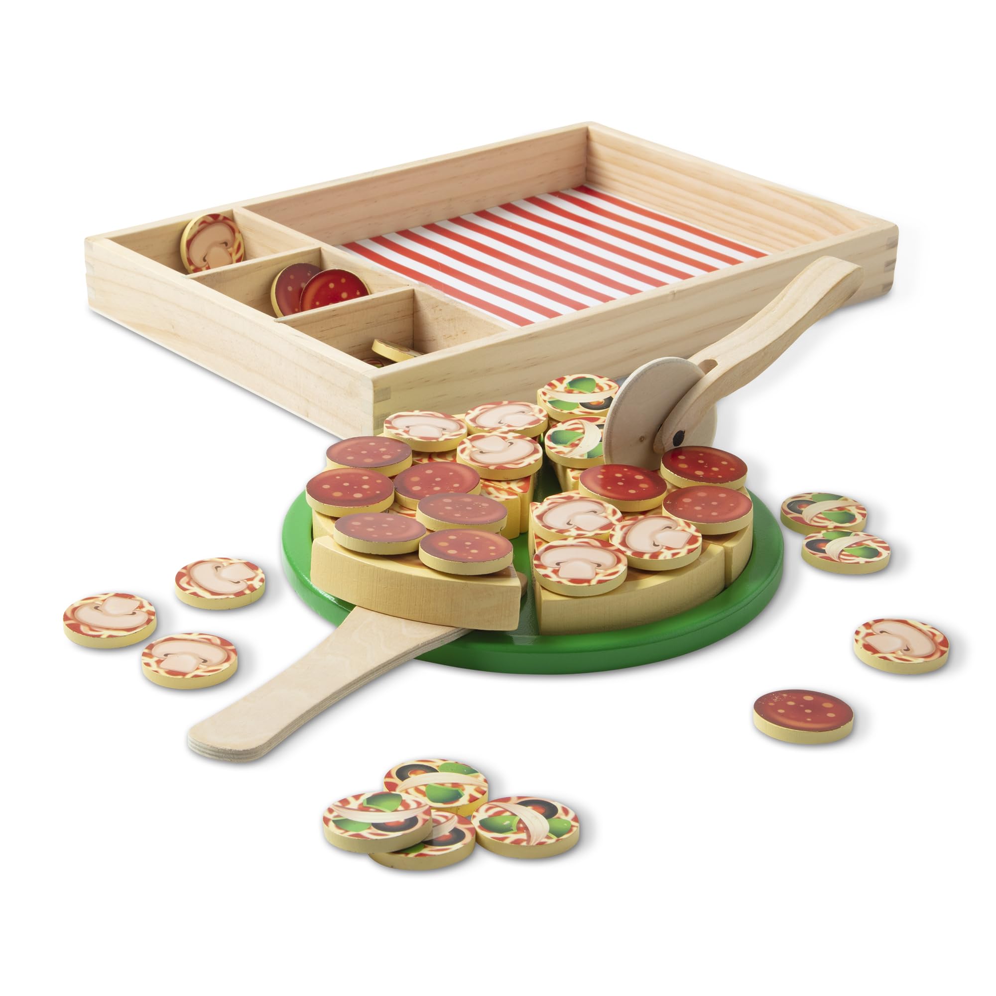 Melissa & Doug wooden pizza party slices showing six sliceable pieces for creative play