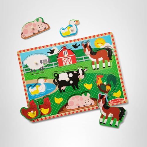 Melissa & Doug packaging photo showcasing a sturdy wooden puzzle set.