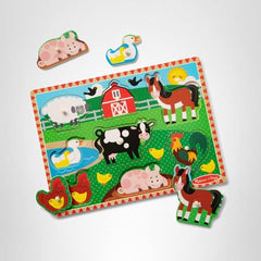 Melissa & Doug packaging photo showcasing a sturdy wooden puzzle set.