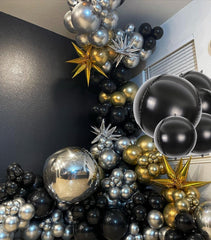 Melody Fantasy black balloon garland decor elevates celebrations with sleek shine.