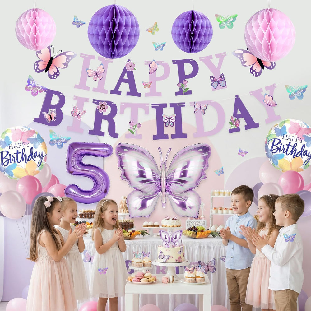 Melody Fantasy butterfly garden wall decor creates an enchanting birthday setting.