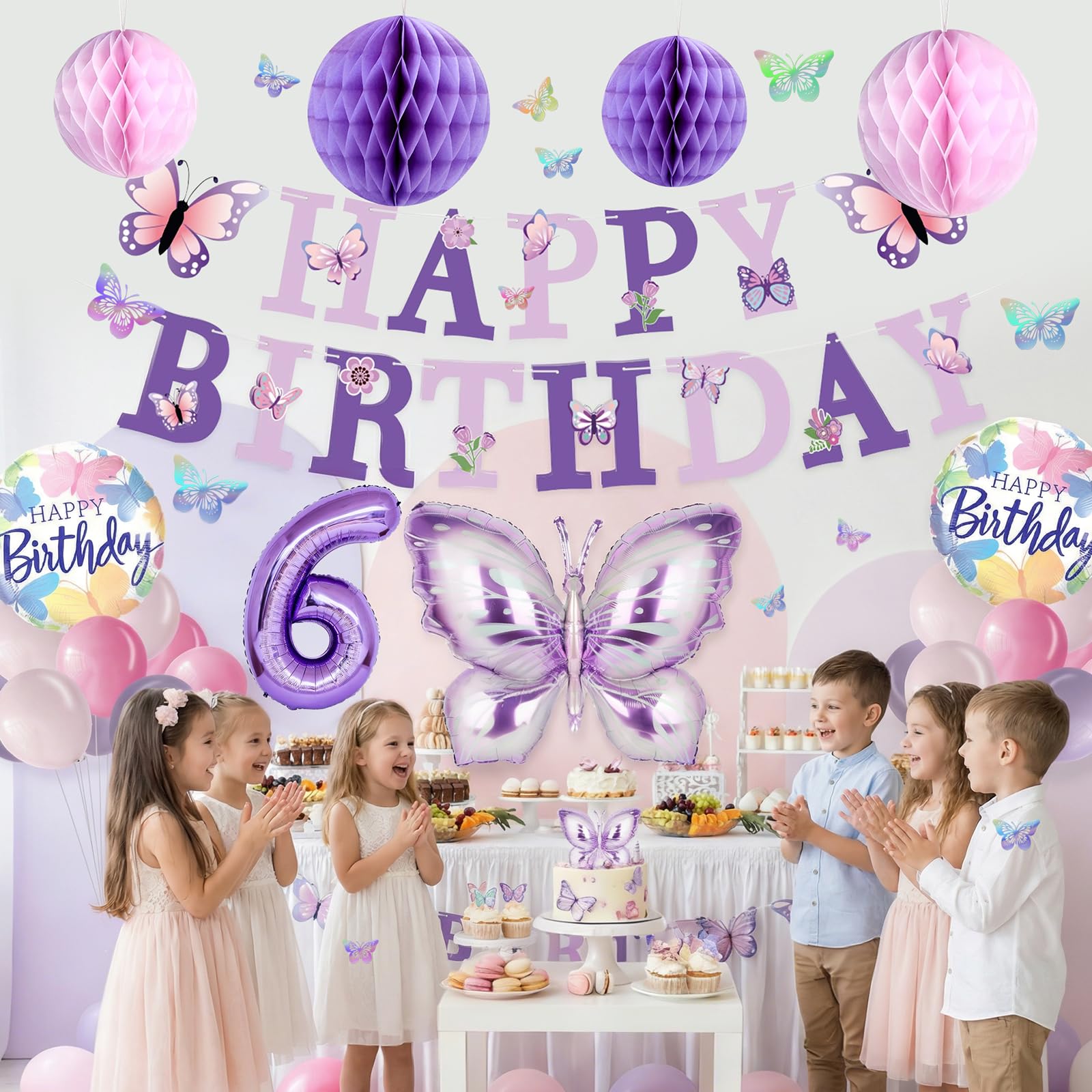 melody fantasy wall decor butterflies enhance the party backdrop.